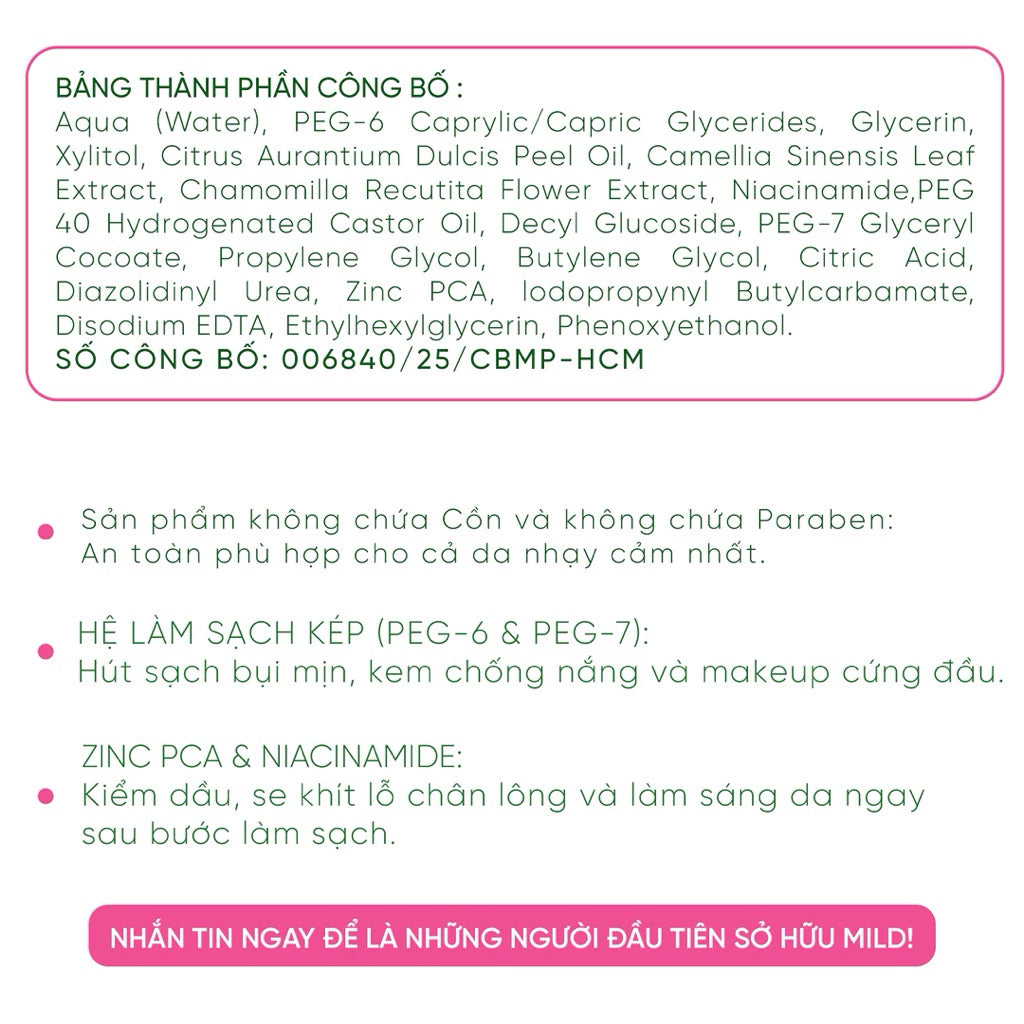Nước Tẩy Trang MILD Làm sạch da và dưỡng ẩm, ngăn ngừa mụn, giúp sáng da