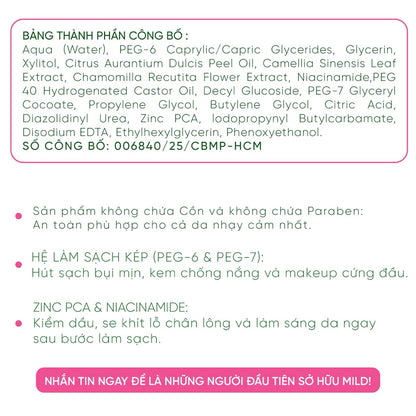 Nước Tẩy Trang MILD Làm sạch da và dưỡng ẩm, ngăn ngừa mụn, giúp sáng da